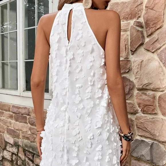 White Boho Womens Appliques Detail Halter Neck Dress - Picture 2 of 5